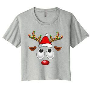 Christmas Reindeer Face Santa Hat Xmas Lights For Women's Crop Top Tee