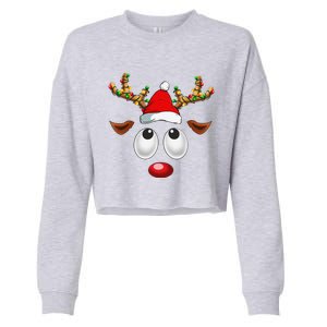 Christmas Reindeer Face Santa Hat Xmas Lights For Cropped Pullover Crew