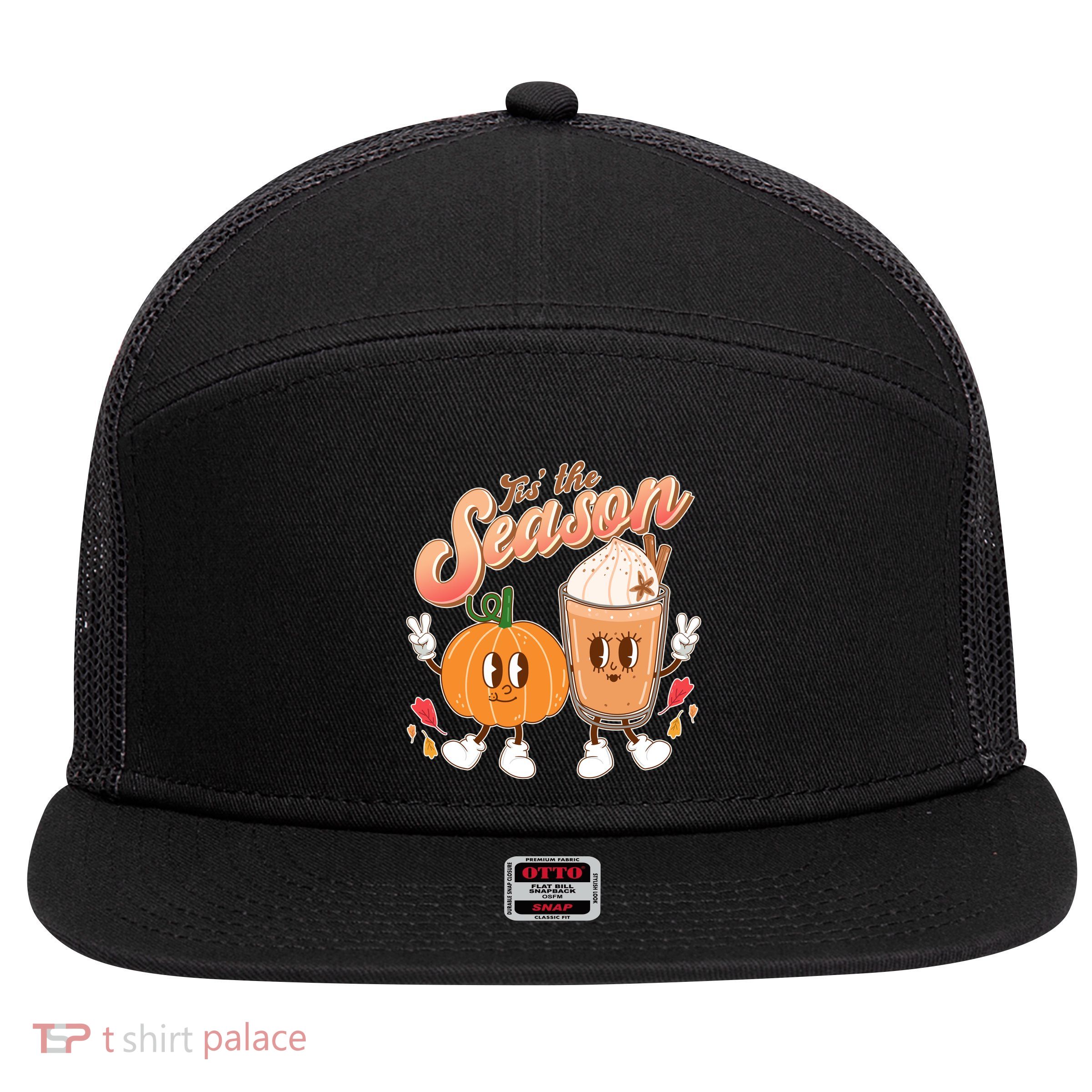 Cute Retro Fall Pumpkin Spice Tis The Season 7 Panel Mesh Trucker Snapback Hat