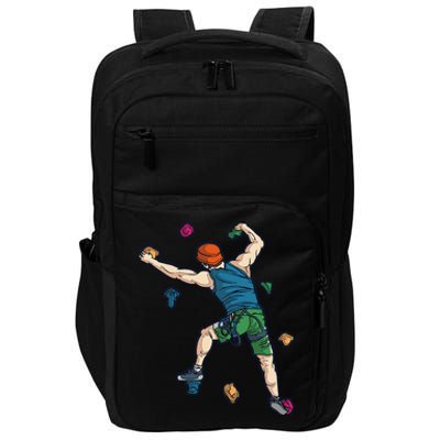 Climber Reaching For Holds Illustrated Rock Climbing Scene Impact Tech Backpack