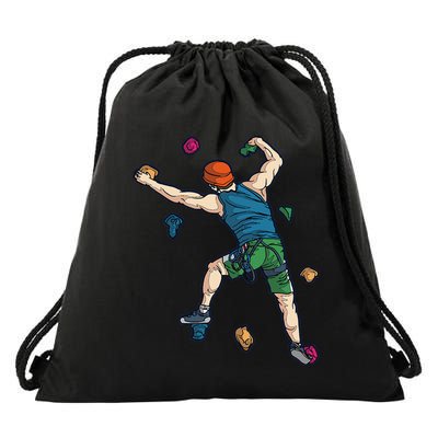 Climber Reaching For Holds Illustrated Rock Climbing Scene Drawstring Bag