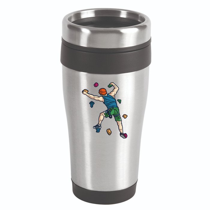 Climber Reaching For Holds Illustrated Rock Climbing Scene 16oz Travel Tumbler