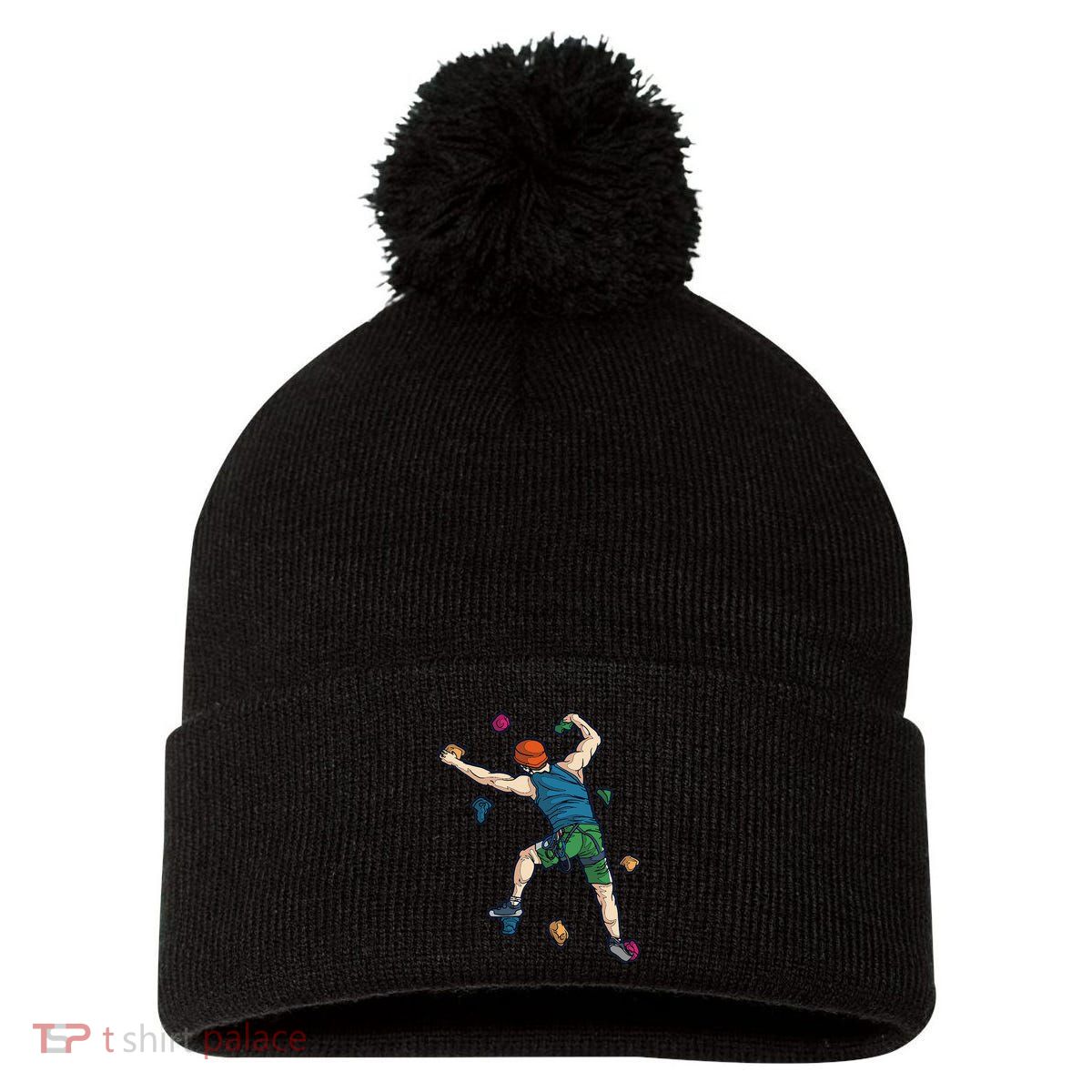 Climber Reaching For Holds Illustrated Rock Climbing Scene Pom Pom 12in Knit Beanie