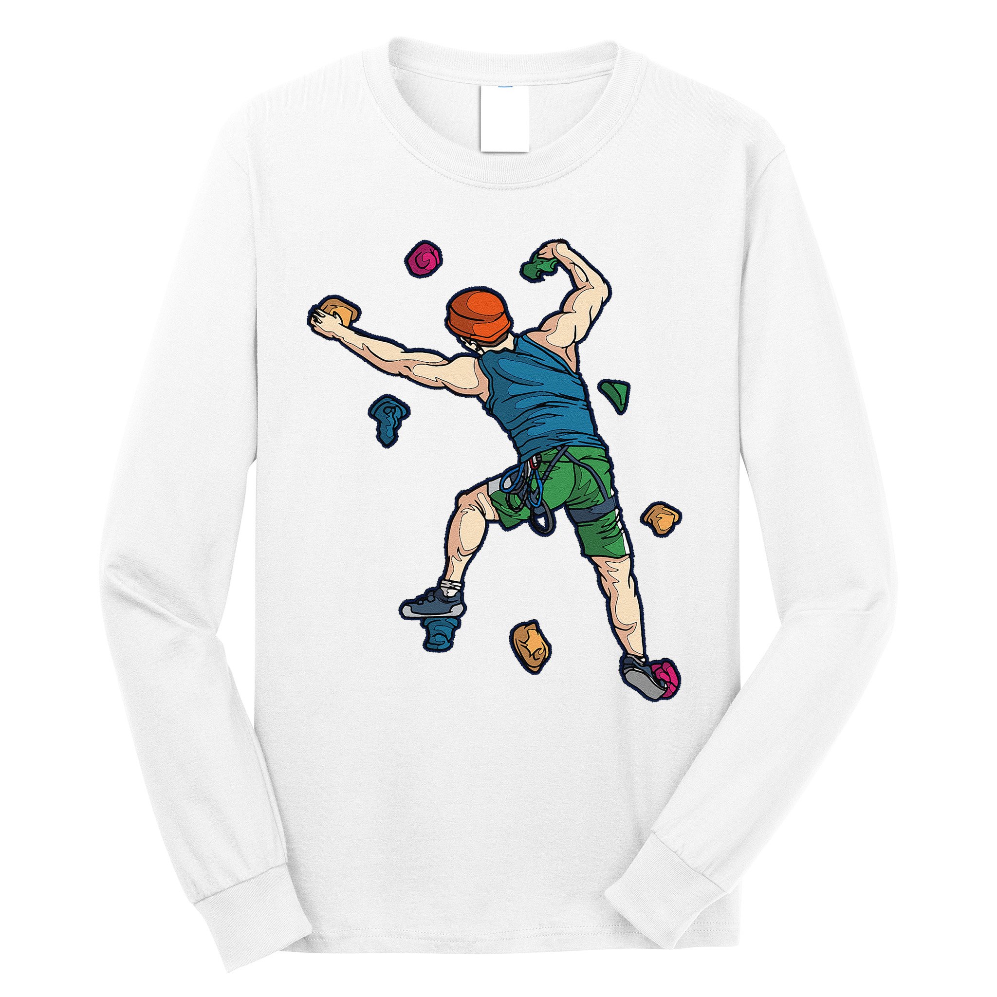 Climber Reaching For Holds Illustrated Rock Climbing Scene Long Sleeve Shirt