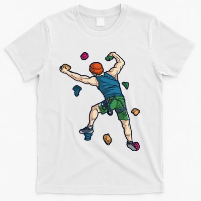 Climber Reaching For Holds Illustrated Rock Climbing Scene T-Shirt