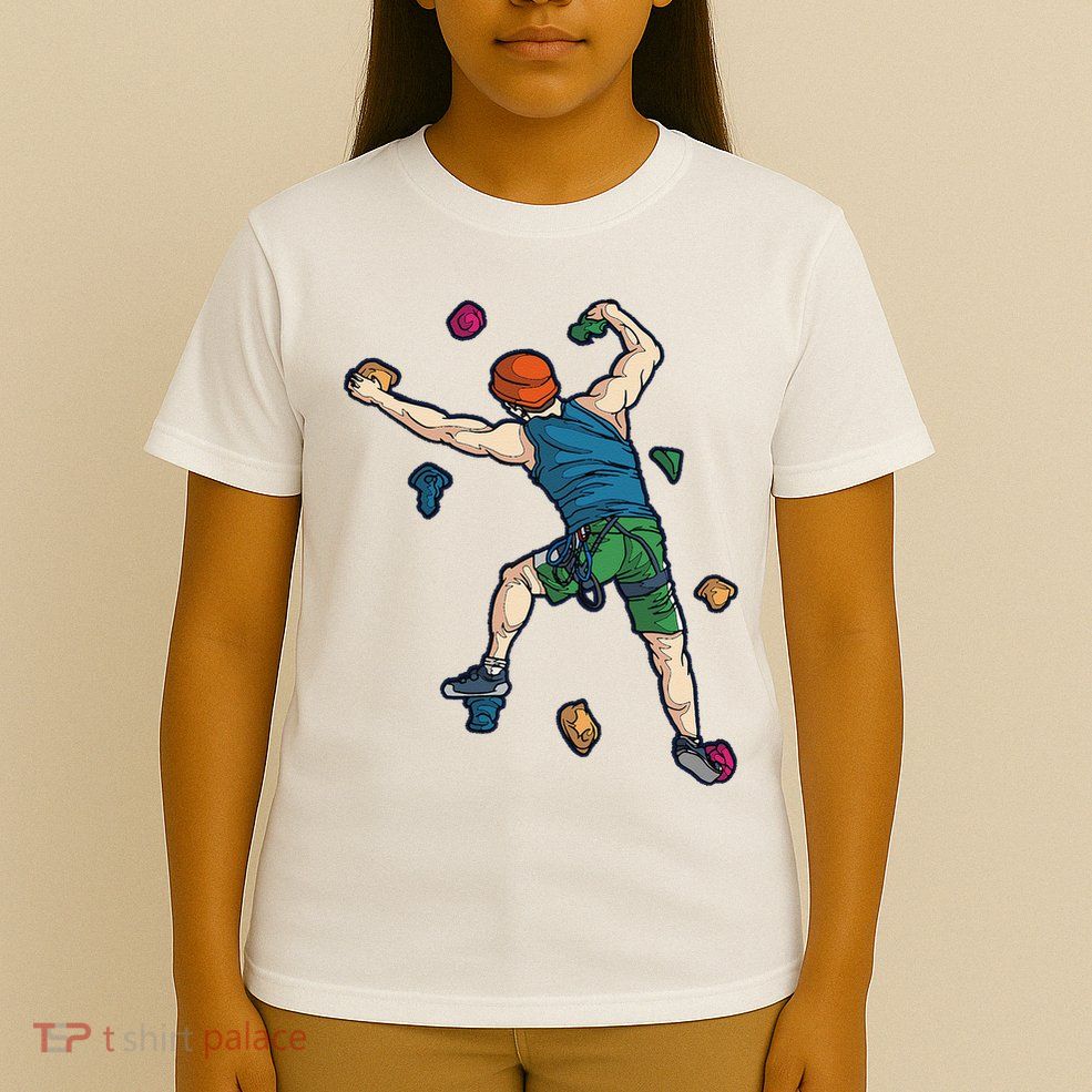Climber Reaching For Holds Illustrated Rock Climbing Scene T-Shirt