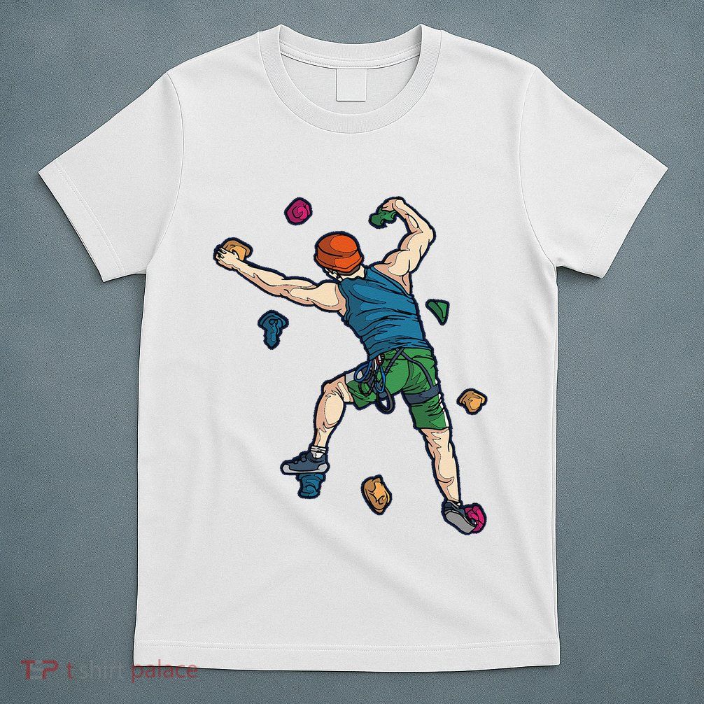 Climber Reaching For Holds Illustrated Rock Climbing Scene T-Shirt