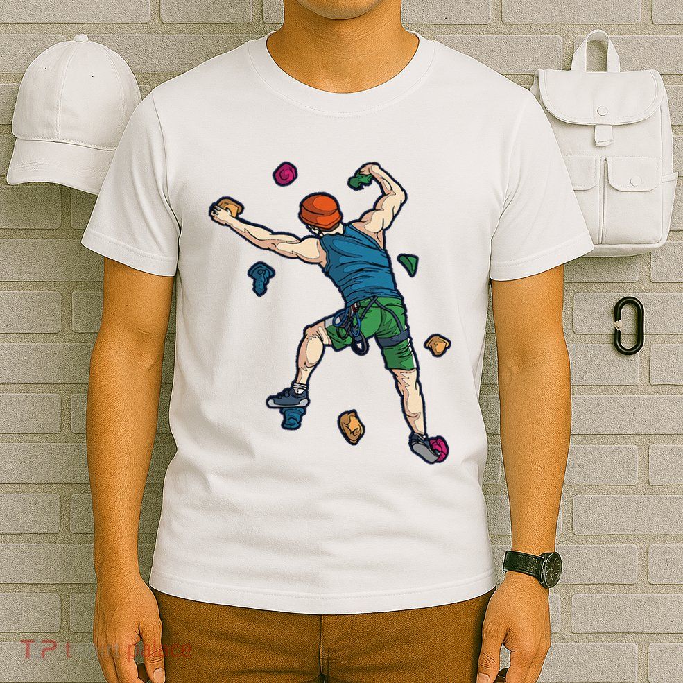 Climber Reaching For Holds Illustrated Rock Climbing Scene T-Shirt
