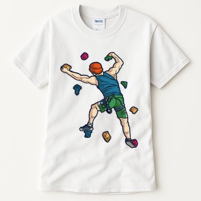 Climber Reaching For Holds Illustrated Rock Climbing Scene Tall T-Shirt
