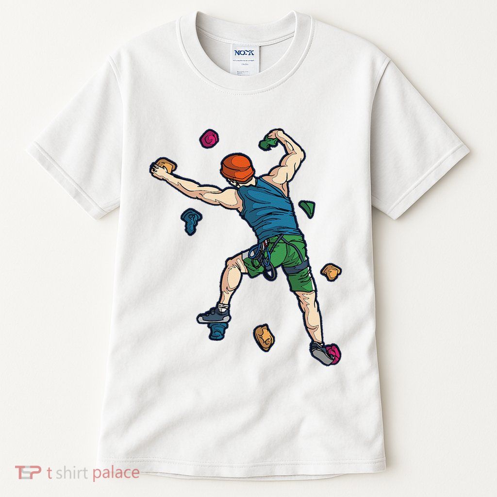 Climber Reaching For Holds Illustrated Rock Climbing Scene Tall T-Shirt