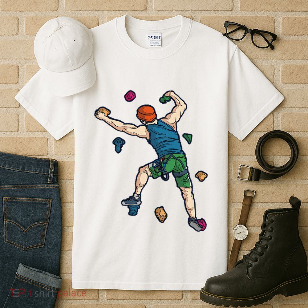 Climber Reaching For Holds Illustrated Rock Climbing Scene Tall T-Shirt