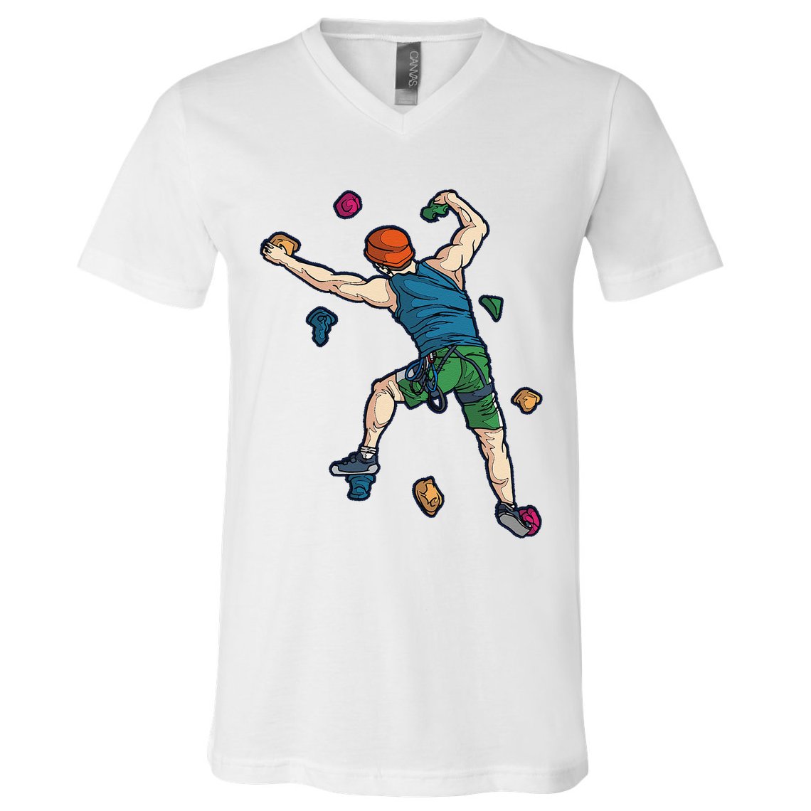 Climber Reaching For Holds Illustrated Rock Climbing Scene V-Neck T-Shirt