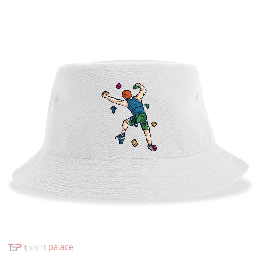 Climber Reaching For Holds Illustrated Rock Climbing Scene Sustainable Bucket Hat