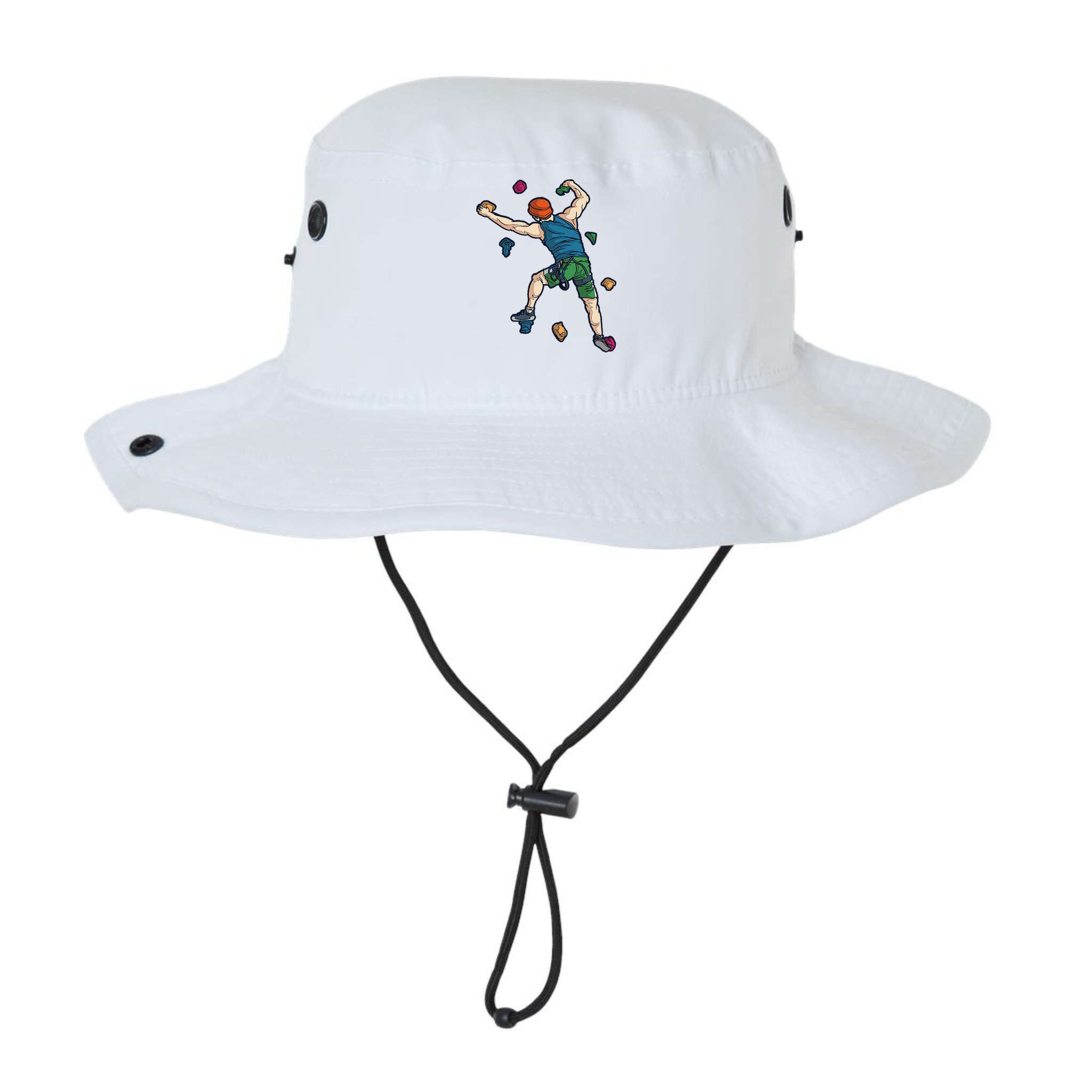 Climber Reaching For Holds Illustrated Rock Climbing Scene Bucket Hat