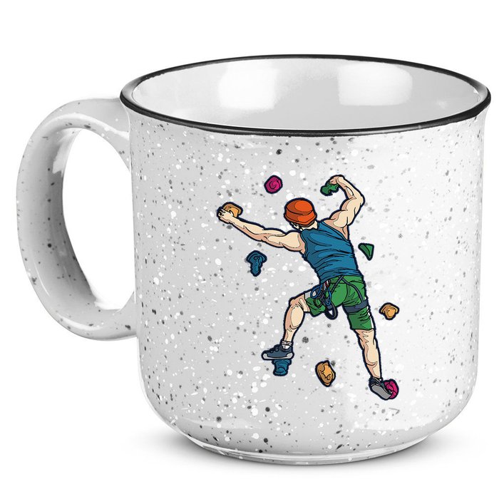 Climber Reaching For Holds Illustrated Rock Climbing Scene 15oz Campfire Ceramic Mug