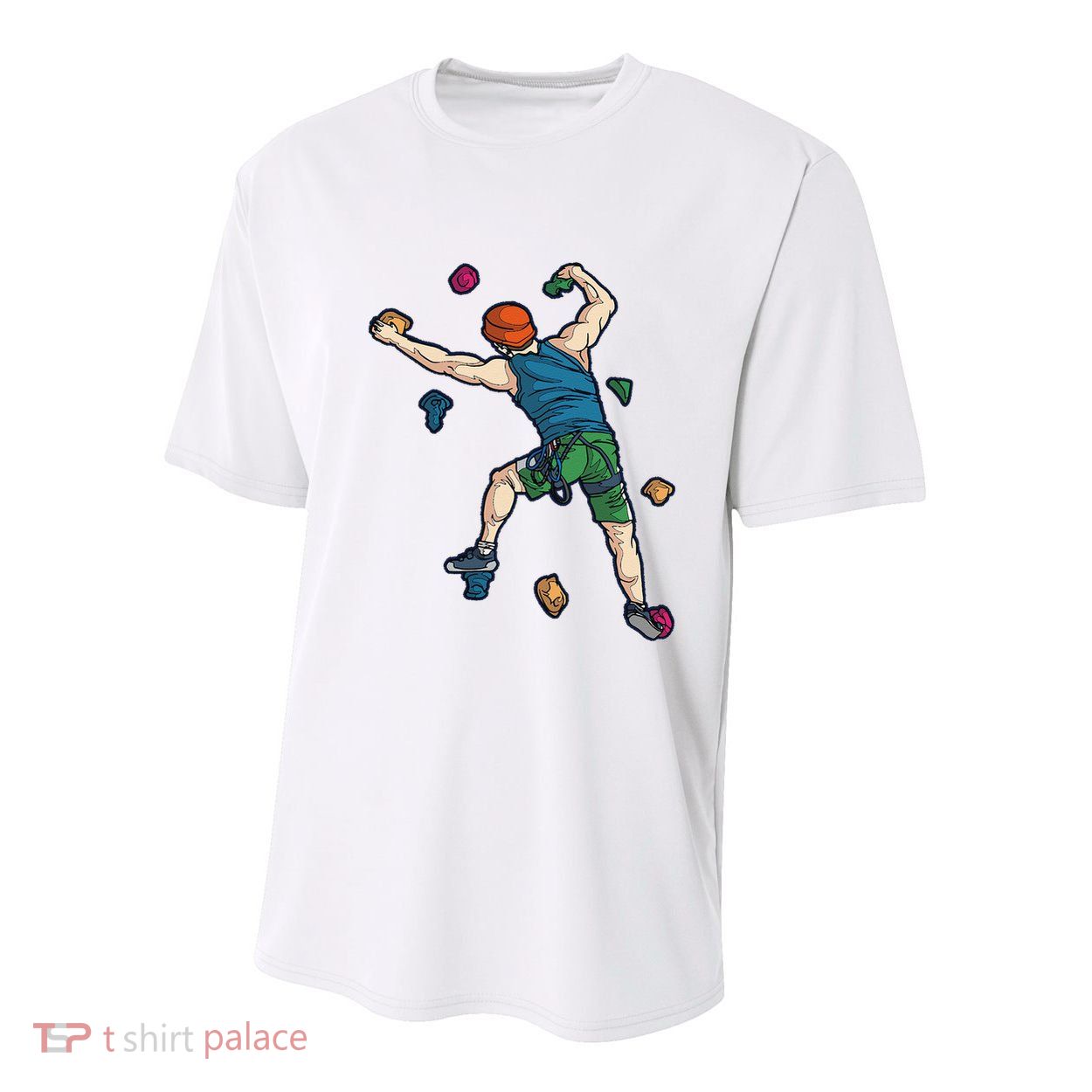 Climber Reaching For Holds Illustrated Rock Climbing Scene Youth Performance Sprint T-Shirt