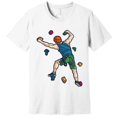 Climber Reaching For Holds Illustrated Rock Climbing Scene Premium T-Shirt