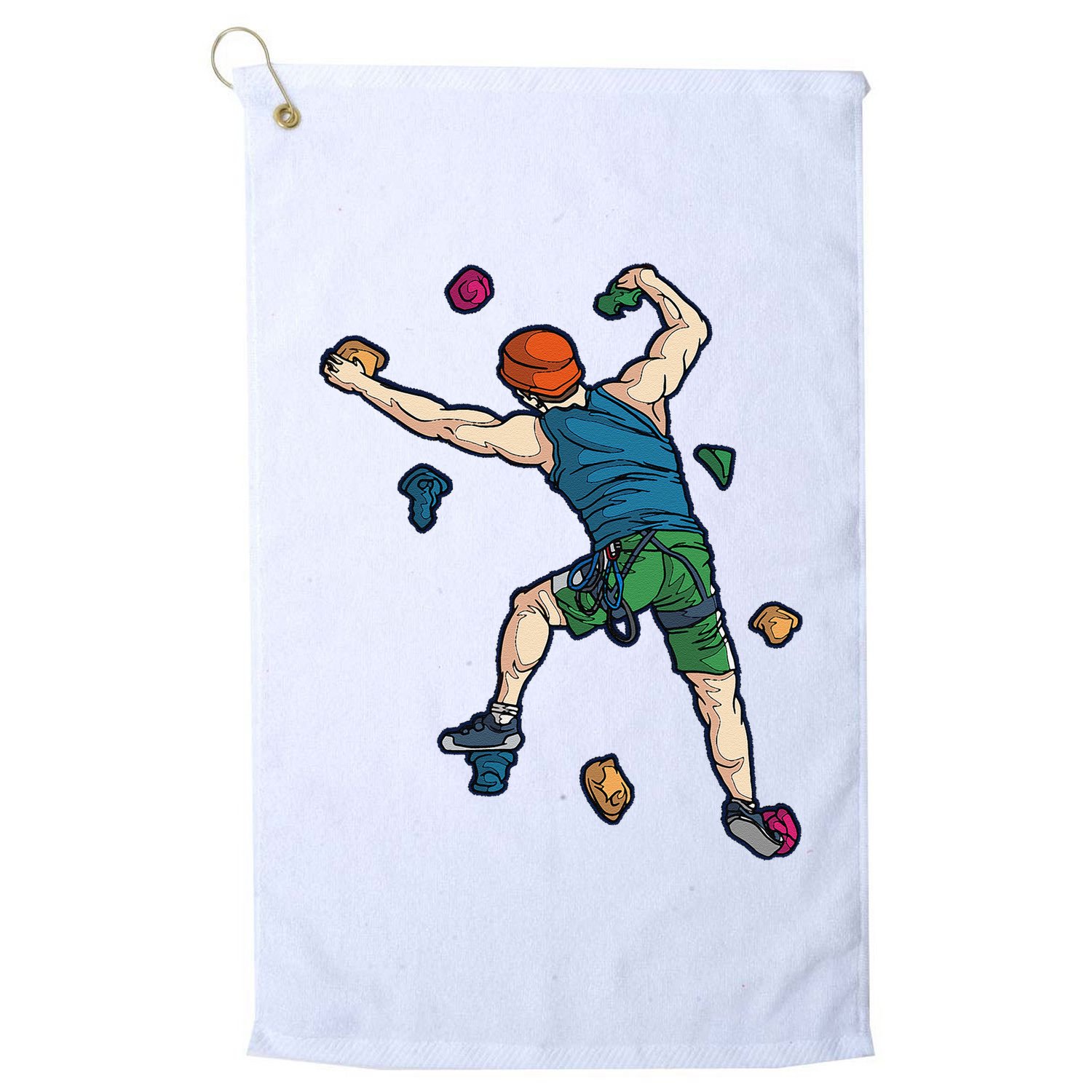 Climber Reaching For Holds Illustrated Rock Climbing Scene Golf Towel