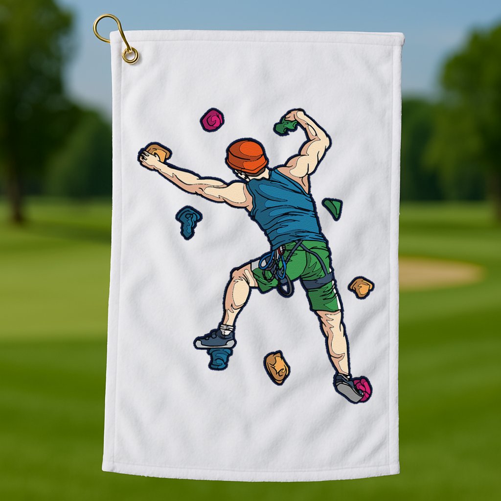 Climber Reaching For Holds Illustrated Rock Climbing Scene Golf Towel