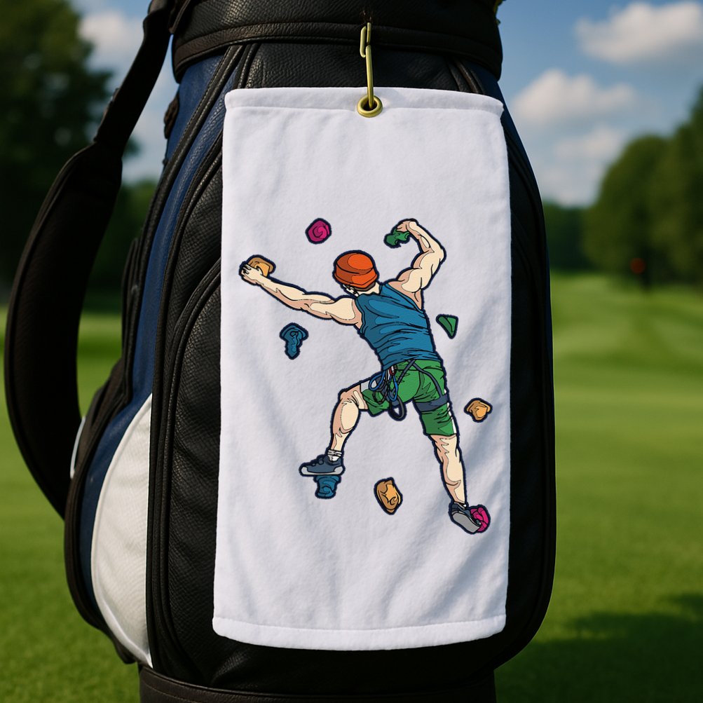 Climber Reaching For Holds Illustrated Rock Climbing Scene Golf Towel