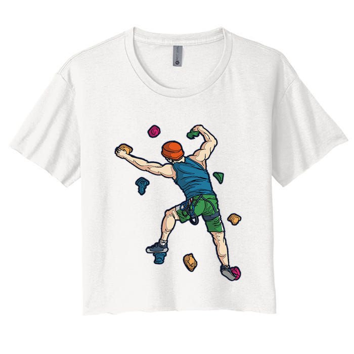 Climber Reaching For Holds Illustrated Rock Climbing Scene Women's Crop Top Tee