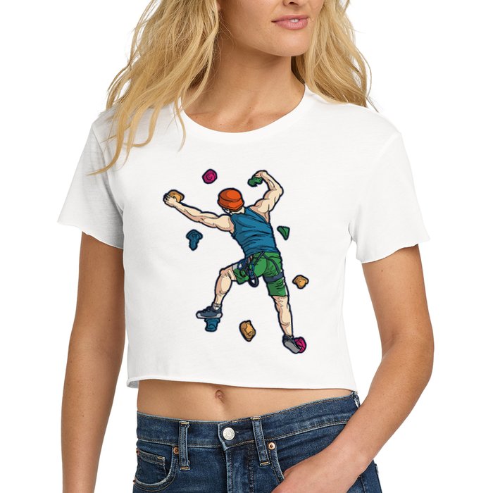 Climber Reaching For Holds Illustrated Rock Climbing Scene Women's Crop Top Tee