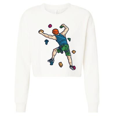 Climber Reaching For Holds Illustrated Rock Climbing Scene Cropped Pullover Crew