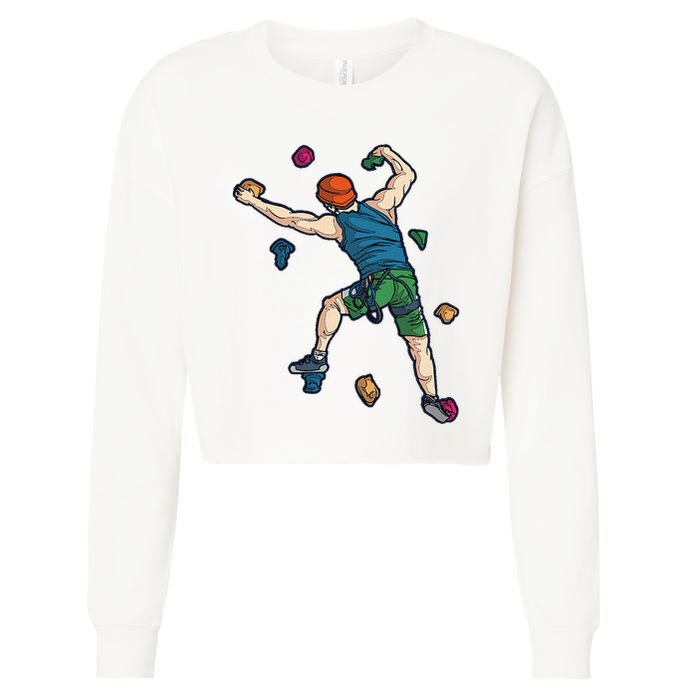 Climber Reaching For Holds Illustrated Rock Climbing Scene Cropped Pullover Crew