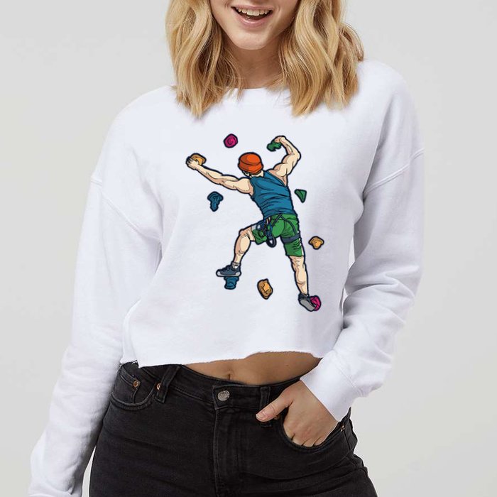 Climber Reaching For Holds Illustrated Rock Climbing Scene Cropped Pullover Crew