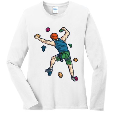 Climber Reaching For Holds Illustrated Rock Climbing Scene Ladies Long Sleeve Shirt