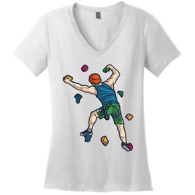 Climber Reaching For Holds Illustrated Rock Climbing Scene Women's V-Neck T-Shirt