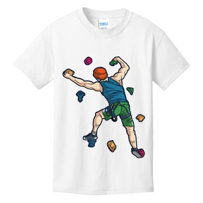 Climber Reaching For Holds Illustrated Rock Climbing Scene Kids T-Shirt