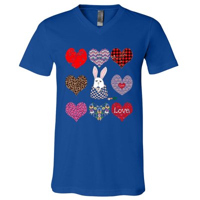 Cute Rabbit Funny Coffee Lover Hearts Pattern Valentines Day Gift V-Neck T-Shirt