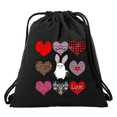 Cute Rabbit Funny Retro Floral Hearts Pattern Valentines Day Gift Drawstring Bag