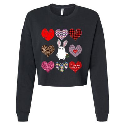 Cute Rabbit Funny Retro Floral Hearts Pattern Valentines Day Gift Cropped Pullover Crew