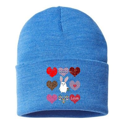 Cute Rabbit Funny Retro Floral Hearts Pattern Valentines Day Gift Sustainable Knit Beanie