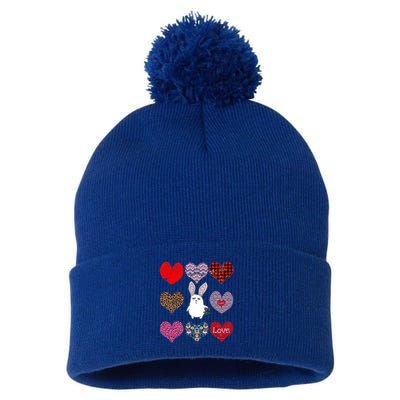Cute Rabbit Funny Retro Floral Hearts Pattern Valentines Day Gift Pom Pom 12in Knit Beanie
