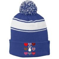 Cute Rabbit Funny Retro Floral Hearts Pattern Valentines Day Gift Stripe Pom Pom Beanie