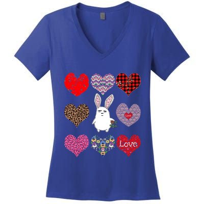 Cute Rabbit Funny Retro Floral Hearts Pattern Valentines Day Gift Women's V-Neck T-Shirt
