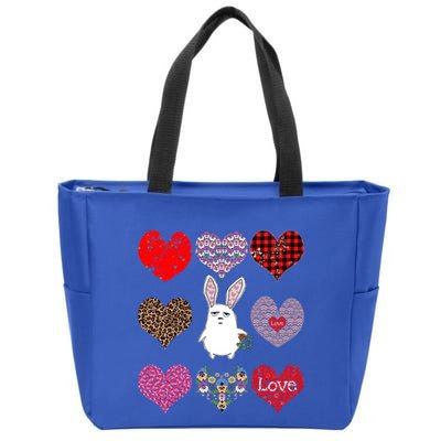 Cute Rabbit Funny Retro Floral Hearts Pattern Valentines Day Gift Zip Tote Bag
