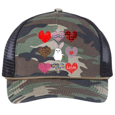 Cute Rabbit Funny Retro Floral Hearts Pattern Valentines Day Gift Retro Rope Trucker Hat Cap