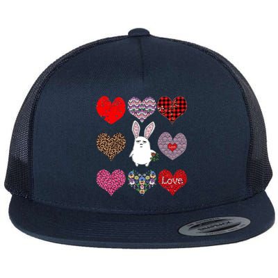 Cute Rabbit Funny Retro Floral Hearts Pattern Valentines Day Gift Flat Bill Trucker Hat