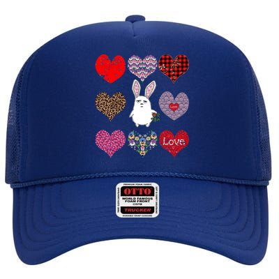 Cute Rabbit Funny Retro Floral Hearts Pattern Valentines Day Gift High Crown Mesh Back Trucker Hat