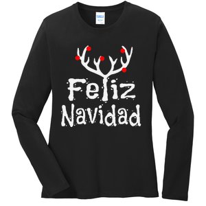 Christmas Reindeer Feliz Navidad Ladies Long Sleeve Shirt