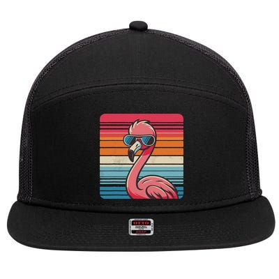 Cool Retro Flamingo In Sunglasses 70s 80s 90s Funny Flamingo 7 Panel Mesh Trucker Snapback Hat