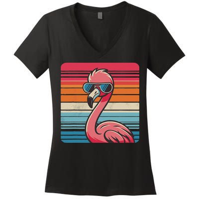 Cool Retro Flamingo In Sunglasses 70s 80s 90s Funny Flamingo Women's V-Neck T-Shirt
