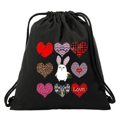 Cute Rabbit Funny Retro Floral Hearts Pattern Valentines Day Gift Drawstring Bag