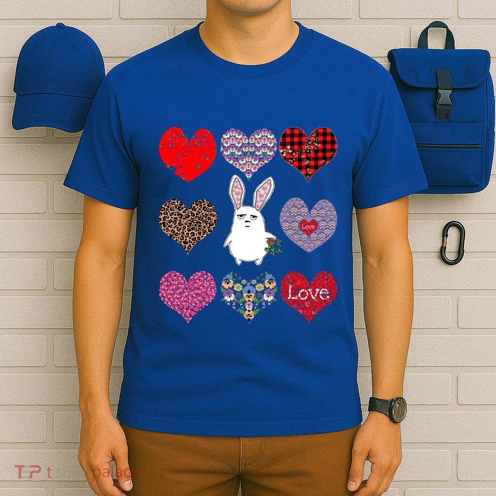 Cute Rabbit Funny Retro Floral Hearts Pattern Valentines Day Gift T-Shirt