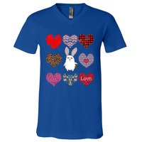 Cute Rabbit Funny Retro Floral Hearts Pattern Valentines Day Gift V-Neck T-Shirt