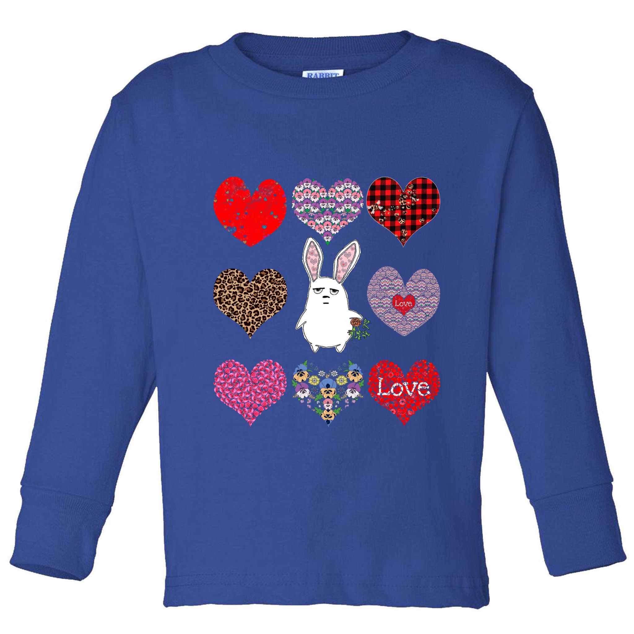 Cute Rabbit Funny Retro Floral Hearts Pattern Valentines Day Gift Toddler Long Sleeve Shirt
